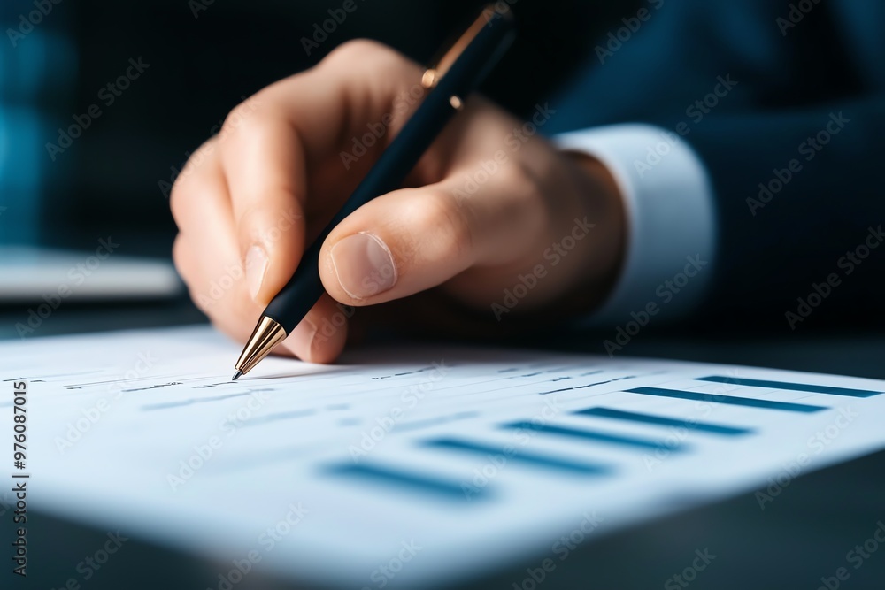 Poster a hand holding a pen writes on a financial document with graphs and data, representing analysis and 