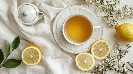 Tea with Lemon and Flowers on White Background