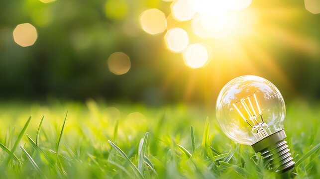 A light bulb resting on green grass, illuminated by sunlight. Captures the essence of eco-friendly energy and nature.