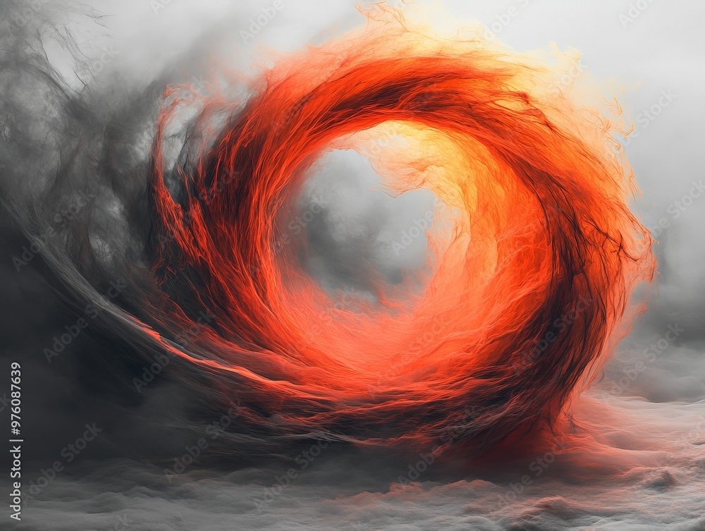Poster a stunningly energetic swirl of fiery red clouds merges and clashes with swirling gray clouds, creat