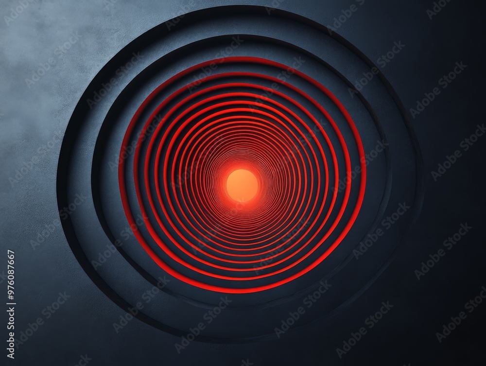 Aufkleber An abstract image showcasing a bright red light radiating from the center of dark concentric circles, evoking a sense of mystery and depth in its minimalist design.