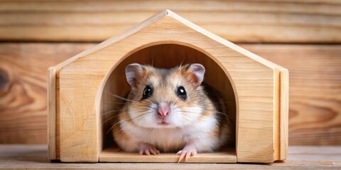 Djungarian hamster inside wooden house looking out