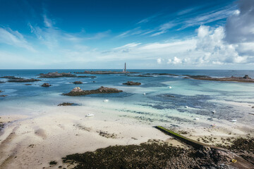 Aerial view of the Phare de l'île Vierge, lighthouse in Brittany, France
