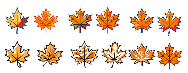 Obraz premium Assorted Maple Leaf Icons in Red, Yellow, and Orange Tones, Fall Themed Collection