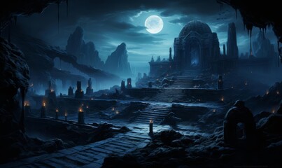 A mysterious illustration of a moonlit ancient temple with mysterious figures