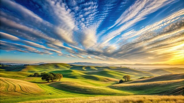 Morning view of wispy clouds over rolling hill landscape