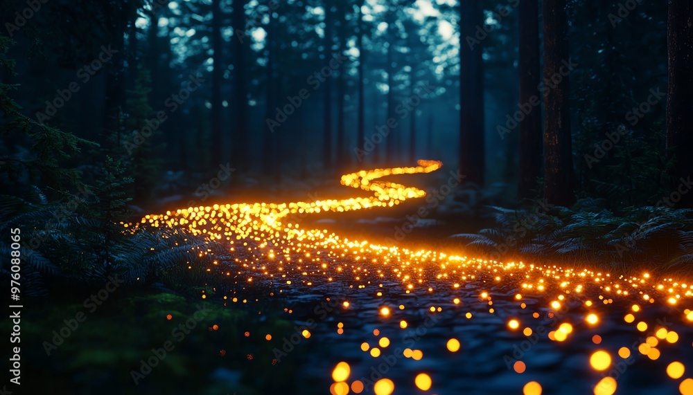 Poster a mystical forest path illuminated by glowing orbs, creating an enchanting atmosphere in nature duri