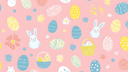Easter 2D Vector Pattern elements Easter theme featuring repeating elements like Easter eggs bunnies flowers and baskets