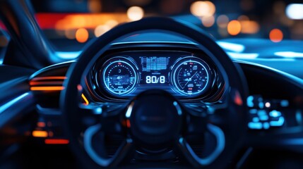 A smart car dashboard with a digital gauge cluster and white-blue accents in a high-tech cabin.