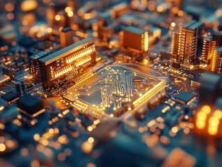 Obraz premium A complex circuit board with glowing neon lights representing advanced computing