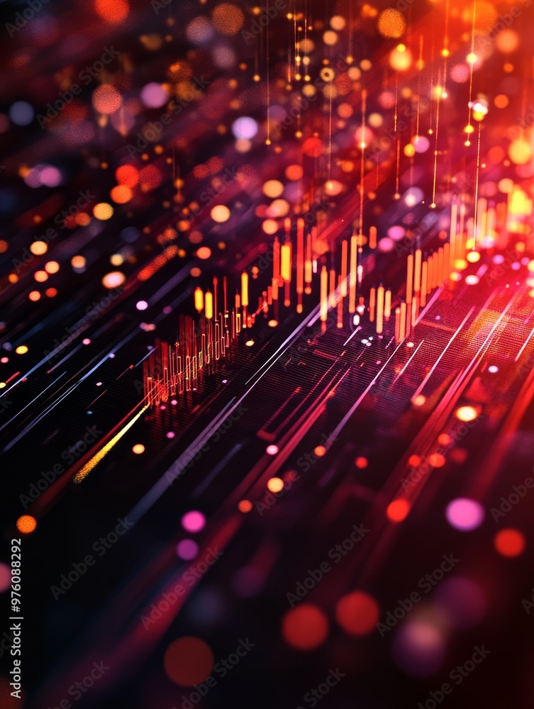 Poster abstract 3d visualization of financial technology with glowing lines, circuit board, and red bokeh l
