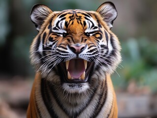 Obraz premium A powerful and ferocious tiger captured in mid-roar showing its sharp teeth, set against a natural background, epitomizing the strength and raw energy of wildlife.