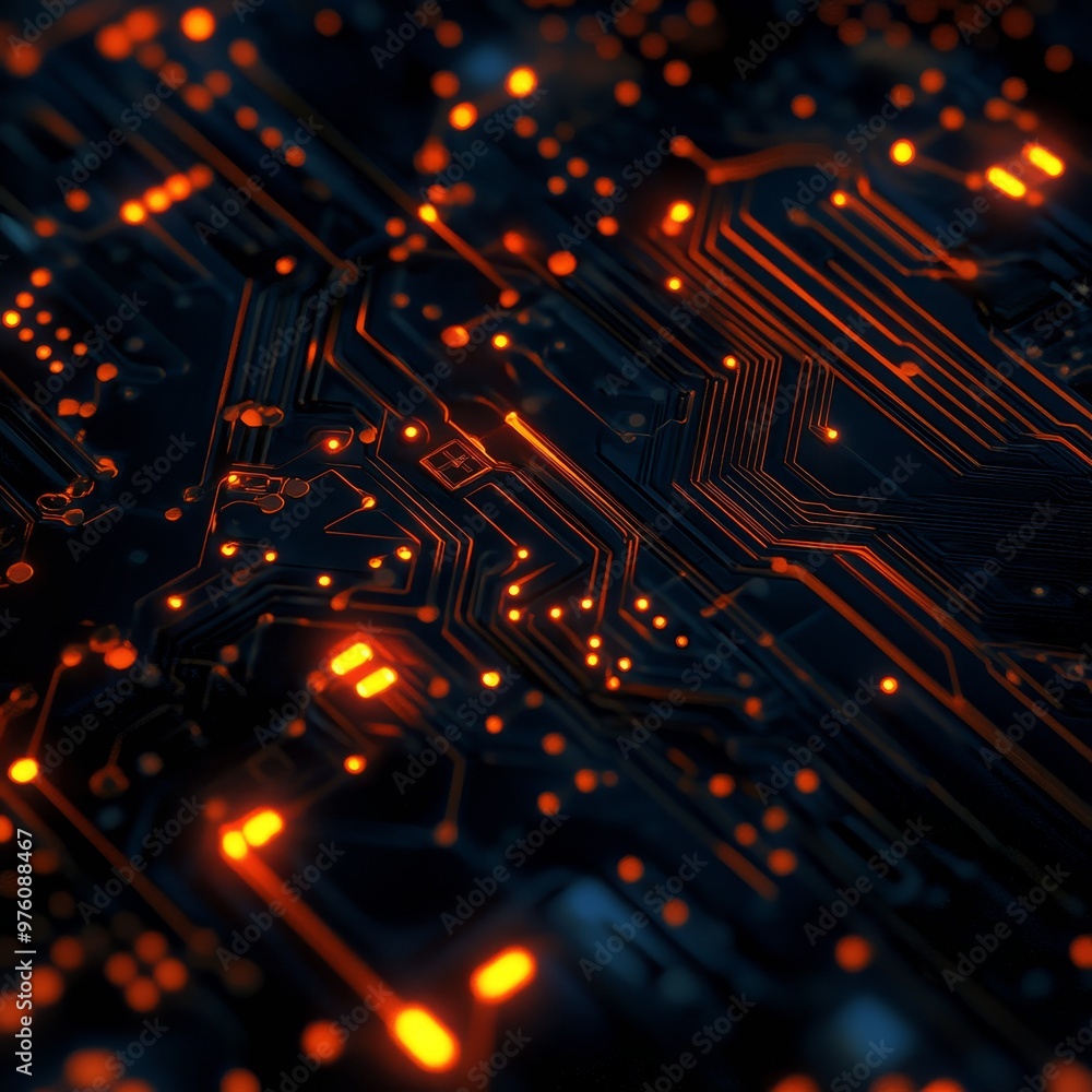 Poster abstract digital art depicting a circuit board with glowing orange lines, representing the flow of d