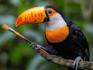 Fototapeta premium A toucan holding a paintbrush while perched on a branch in a lush forest. This detailed image captures the bird's striking features and its natural surroundings, blending art and nature.