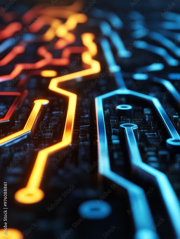 Poster abstract image of a circuit board with bright, glowing lines symbolizing connection, progress, techn