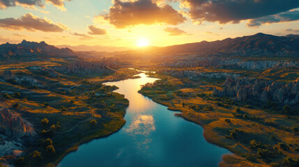 A hot air balloon floating over the serene landscape of Cappadocia