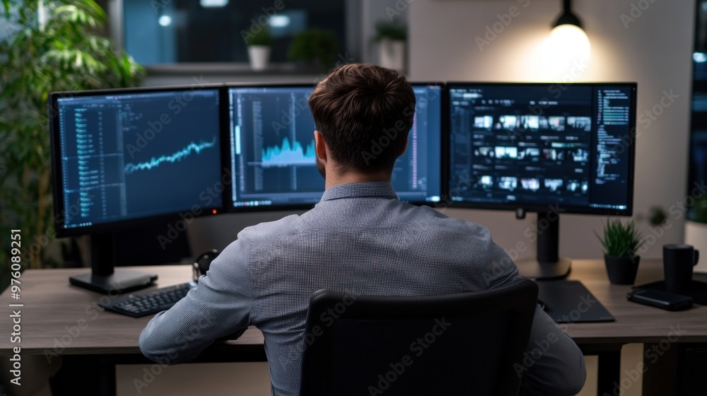 Aufkleber a focused individual is reviewing complex financial graphs and charts on multiple monitors in a slee
