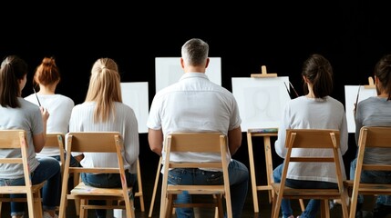 A group of individuals sits in wooden chairs, intently focusing on their sketch pads as an instructor guides them in figure drawing techniques. The studio features a neutral backdrop