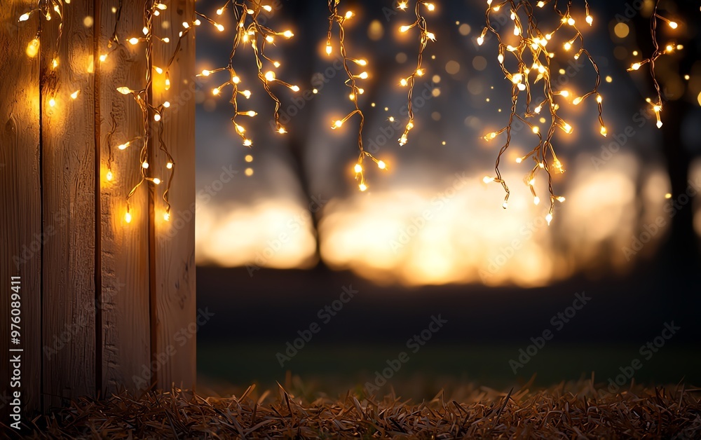 Poster A serene sunset with twinkling string lights hanging from a post, creating a warm and inviting atmosphere.