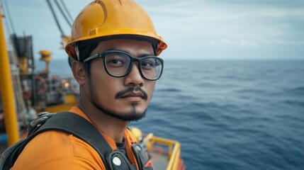 A man on a boat deck gazes towards the horizon, dressed in an orange shirt and yellow hard hat, with glasses framing his focused expression against the backdrop of a vast ocean