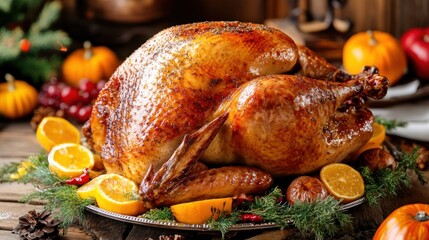 The centerpiece of a festive dinner features a golden-brown roasted turkey decorated with fresh oranges, pine, and autumn fruits, creating a warm holiday atmosphere