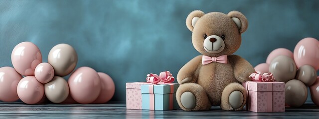 3d illustration teddy bear with gifts and balloons, birthday card