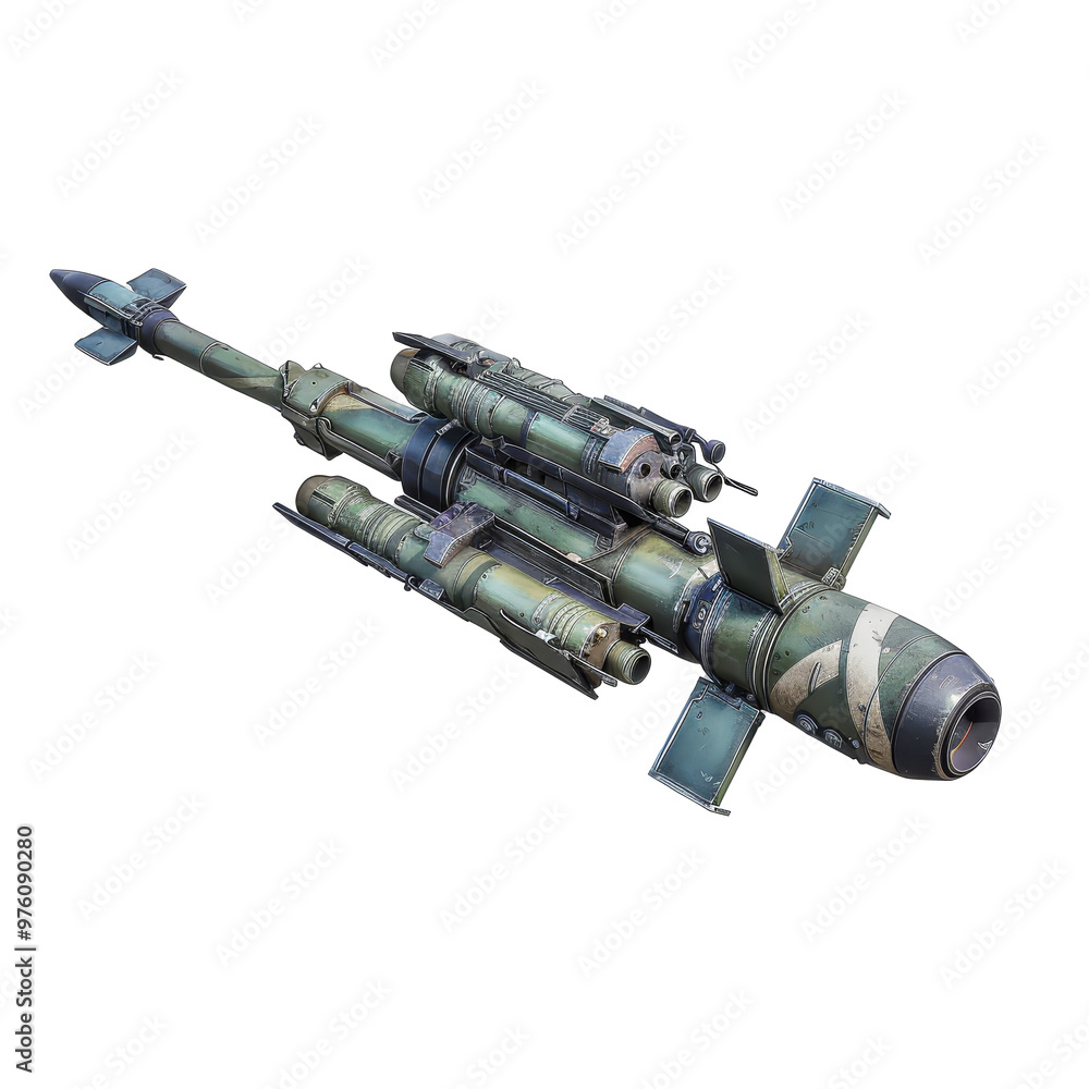 Poster military missile model with intricate detailing displayed on a neutral background, showcasing its ca