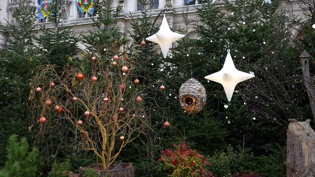 Paris Holiday Christmas Trees with Balls and Festive Decor near Hotel de Ville