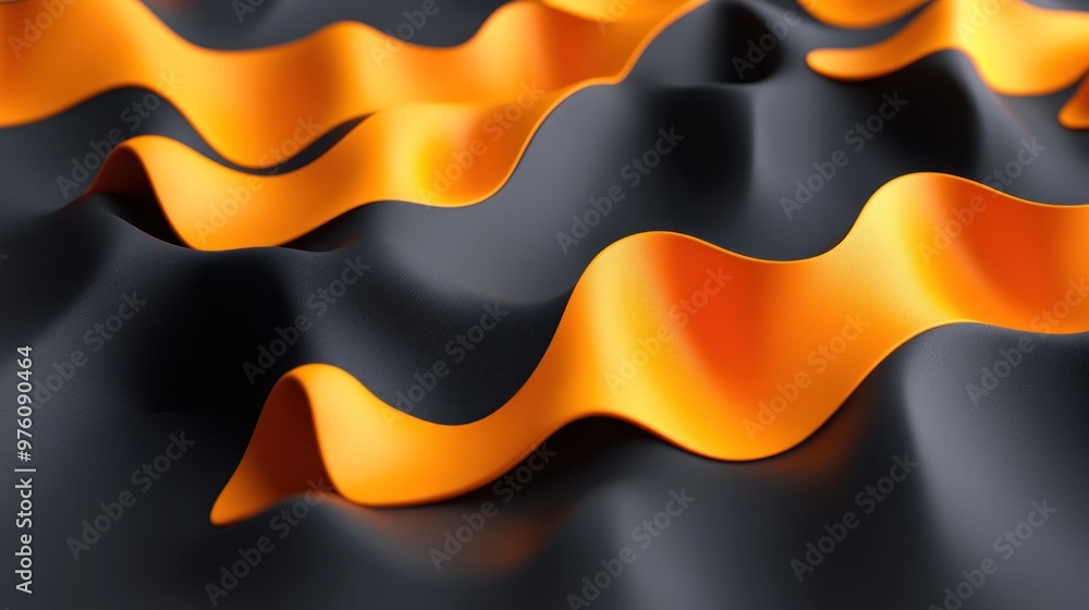 Poster the image features vibrant orange ribbons flowing gracefully over a dark, textured background, creat