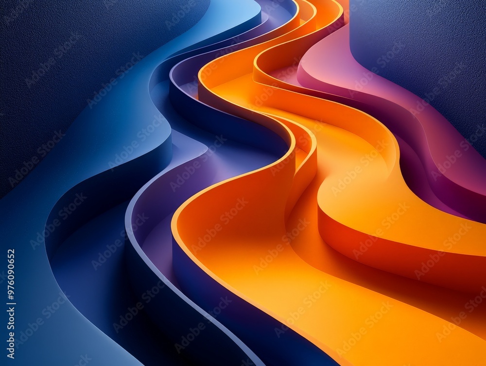 Aufkleber a modern abstract artwork featuring layered curved ribbons in blue and orange, creating a vibrant, d