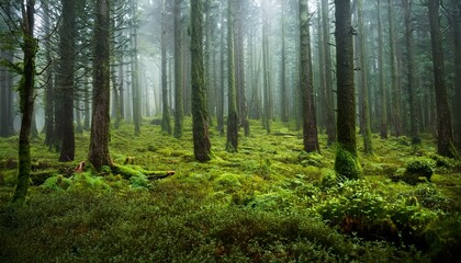 Fototapeta premium morning in the woods with green moss and fog