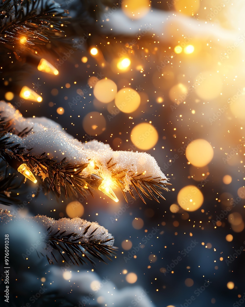 Poster a snowy pine branch adorned with glowing lights, creating a magical winter atmosphere with bokeh and