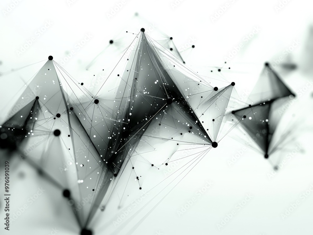 Poster an abstract geometric design composed of interconnected black nodes and lines on a light background,