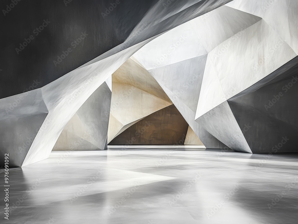 Poster A modern indoor space showcasing sharp geometric shapes and clean lines in a monochrome palette, creating a stark and captivating architectural environment.