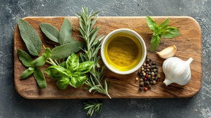 Obraz premium Fresh Herbs Garlic Olive Oil and Peppercorns on Cutting Board
