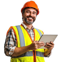 A construction manager with a digital tablet, smiling confidently as if overseeing a project. isolated on transparency background