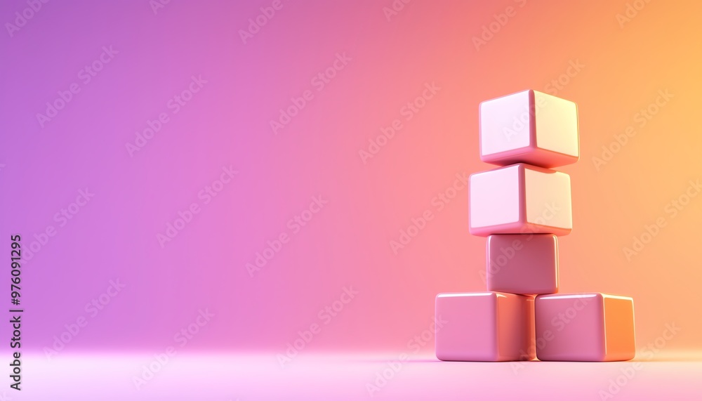 Poster a 3d stack of soft pink blocks against a vibrant gradient background, perfect for concepts of growth