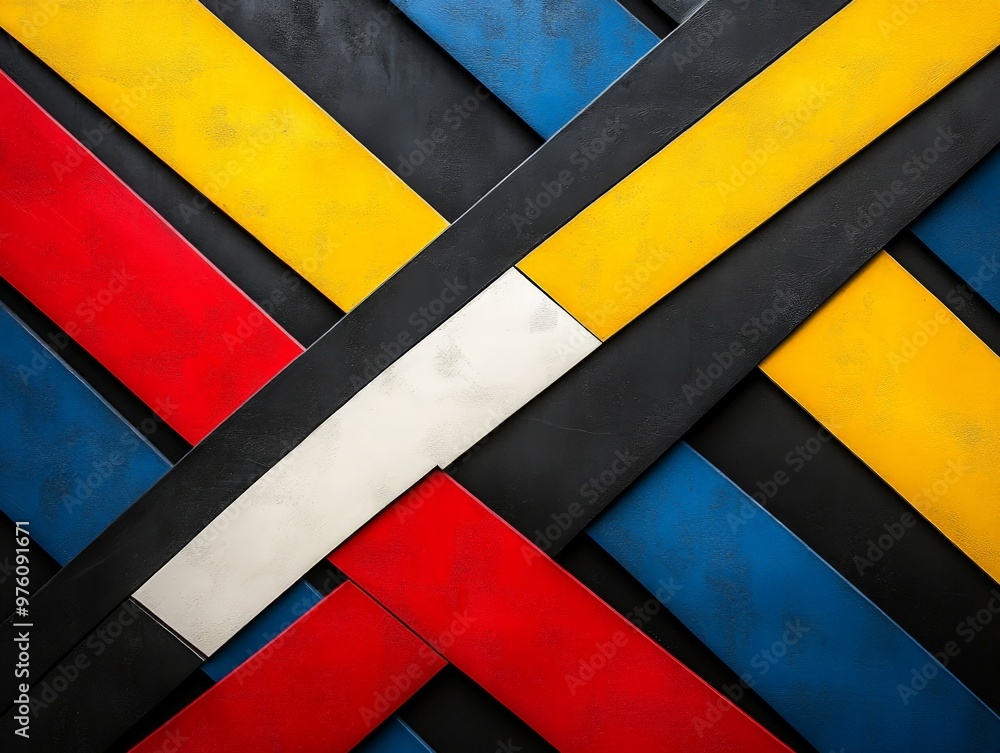 Aufkleber A visually striking abstract image with colorful diagonal stripes in red, yellow, blue, and white, overlapping to create a complex geometric pattern, representing order and structure.