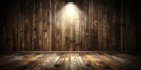 Dark empty room made of weathered brown wood with light spotlight wooden interior