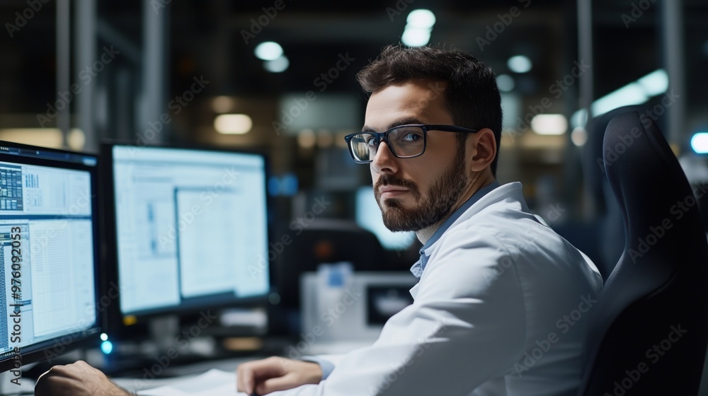 Aufkleber a young professional sits at a desk surrounded by multiple computer screens, intently analyzing data