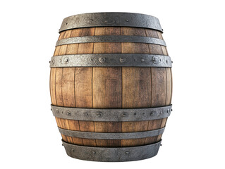 Obraz premium Wooden barrel with metal rings, isolated on a white background. PNG transparent.
