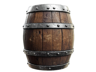 Fototapeta premium Wooden barrel with metal rings, isolated on a white background. PNG transparent.