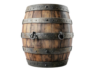 Fototapeta premium Wooden barrel with metal rings, isolated on a white background. PNG transparent.