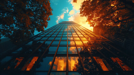 Fototapeta premium A sleek modern skyscraper reflecting the sky in its glass fa, dominating the city skyline
