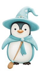 Naklejka premium Cute Penguin Witch with Broom and Hat Illustration