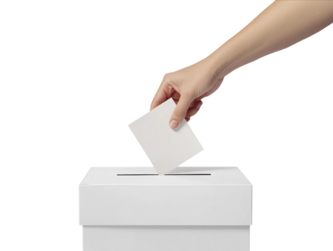 Hand placing a ballot into a voting box, isolated on white background. PNG transparent.
