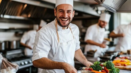 A chef smiles cheerfully while chopping fresh vegetables in a bustling restaurant kitchen during the lunch rush, working alongside other culinary professionals