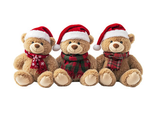 Fototapeta premium Three teddy bears wearing Santa hats and scarves, sitting in a row, isolated on white background. PNG transparent.