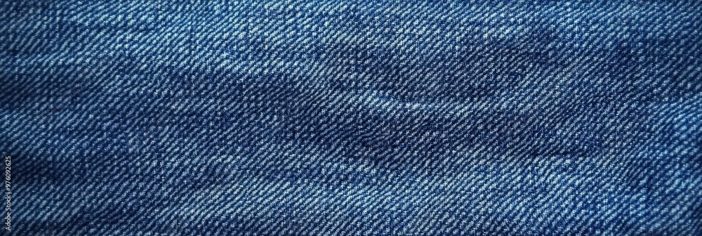 Poster blue denim fabric texture with diagonal weaving patterns and soft lighting, creating a classic and r