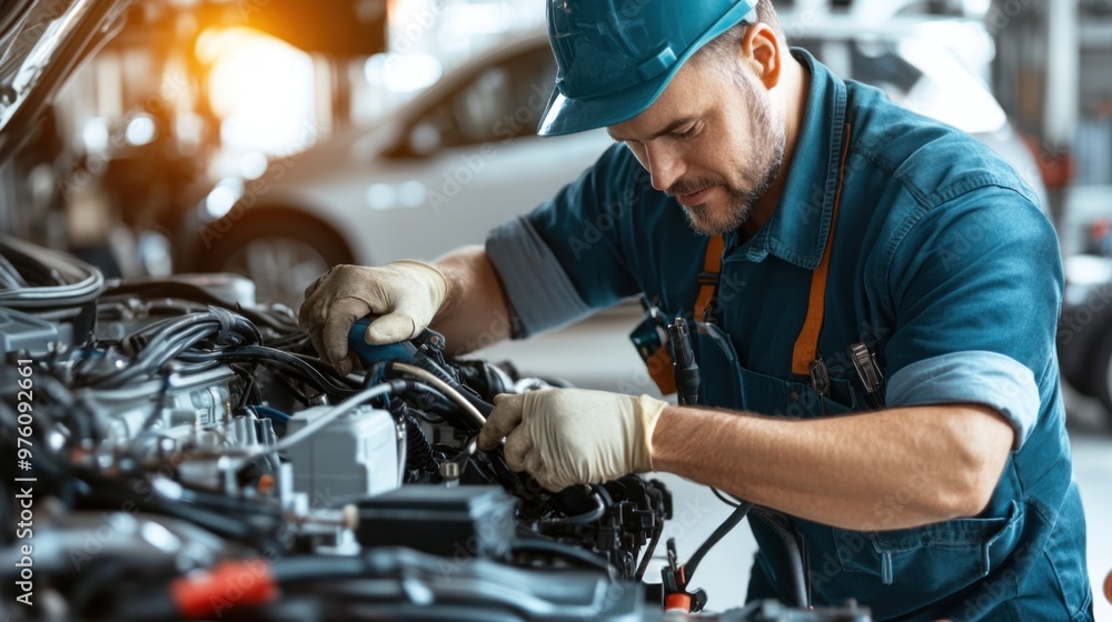 Poster a skilled mechanic is attentively working on a vehicle's engine in a bustling auto repair shop, util